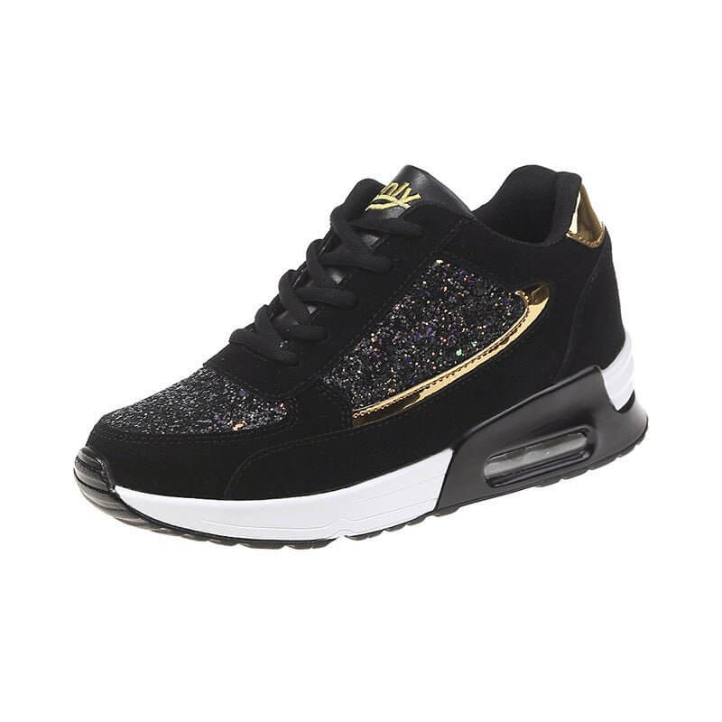 Leisure Casual Breathable Muffin Shoes For Students $47.90 Dana Fashion Color: Black gold Size: 35 Women's shoes Product Information: Style: Casual Fabric: Frosted Lining: Single Sole: Polyurethane sole Code number: 35-40 High heel: 4CM Color: Black gold/