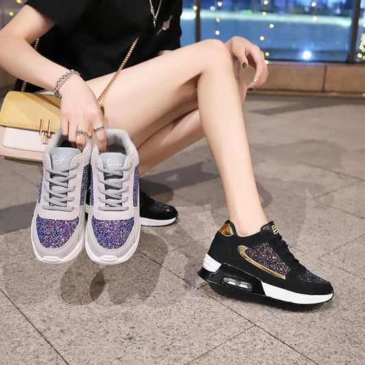 Leisure Casual Breathable Muffin Shoes For Students $47.90 Dana Fashion Color: Black gold Size: 35 Women's shoes Product Information: Style: Casual Fabric: Frosted Lining: Single Sole: Polyurethane sole Code number: 35-40 High heel: 4CM Color: Black gold/