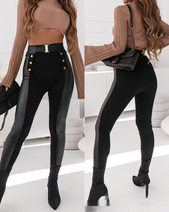 Leisure Fashion Double-breasted Pu Stitching Tights $42.00 Dana Fashion Color: Black Size: L Women's clothing Product information: Pattern: solid color Fabric name: Polyester Color: Black Sleeve type: Princess sleeves Size: S,M,L,XL Style type: temperamen