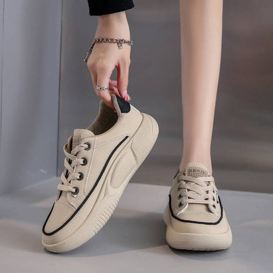 Lightweight Casual Sneaker Women's Soft Bottom Running Shock Absorption Genuine Leather $41.74 Dana Fashion Color: Beige Size: 35 Women's shoes Product information: Pattern: stripes Lening material: PU Toe holder shape: round head Color: khaki, black, bei