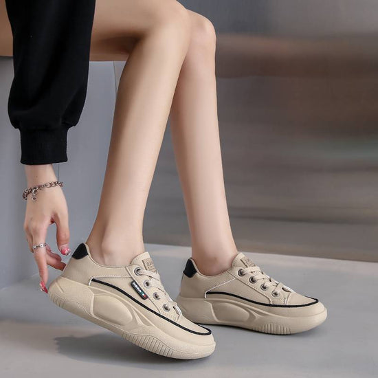 Lightweight Casual Sneaker Women's Soft Bottom Running Shock Absorption Genuine Leather $41.74 Dana Fashion Color: Beige Size: 35 Women's shoes Product information: Pattern: stripes Lening material: PU Toe holder shape: round head Color: khaki, black, bei