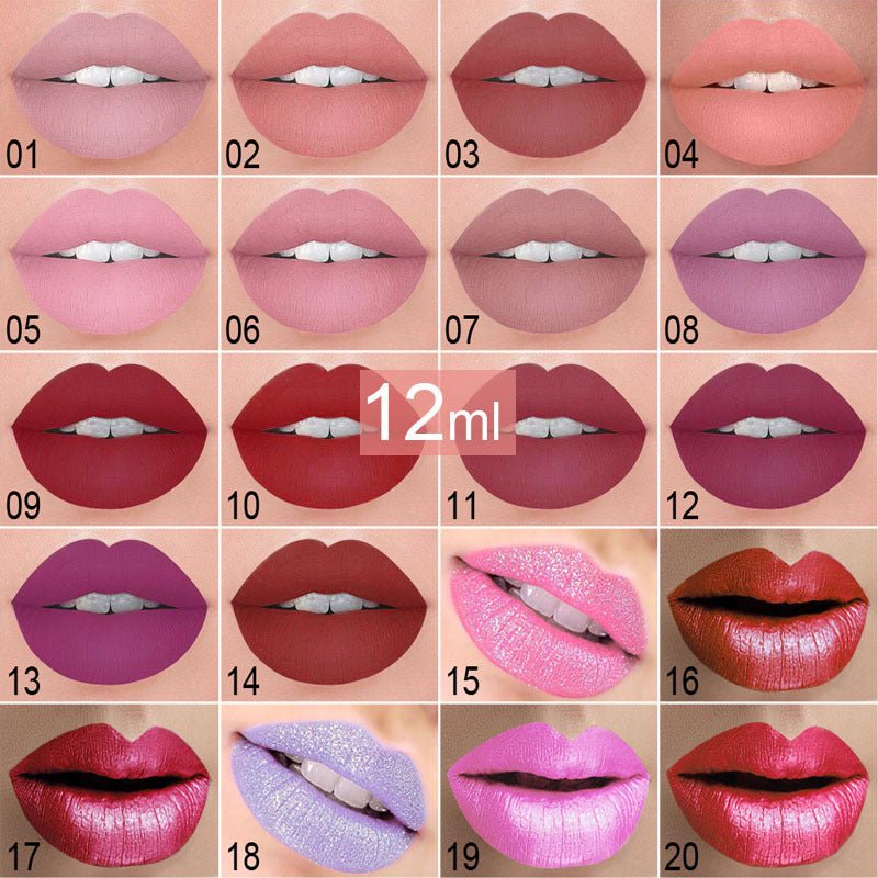Lip gloss $14.99 Dana Fashion Color: 01 Style makeup Matte lip gloss non-stick cup does not fade 12ML large capacity lip gloss metal pearl liquid lipstick Net content: 12ML Color: 20 colors Weight: 35g / support (with carton packaging)