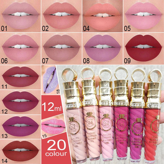 Lip gloss $14.99 Dana Fashion Color: 01 Style makeup Matte lip gloss non-stick cup does not fade 12ML large capacity lip gloss metal pearl liquid lipstick Net content: 12ML Color: 20 colors Weight: 35g / support (with carton packaging)