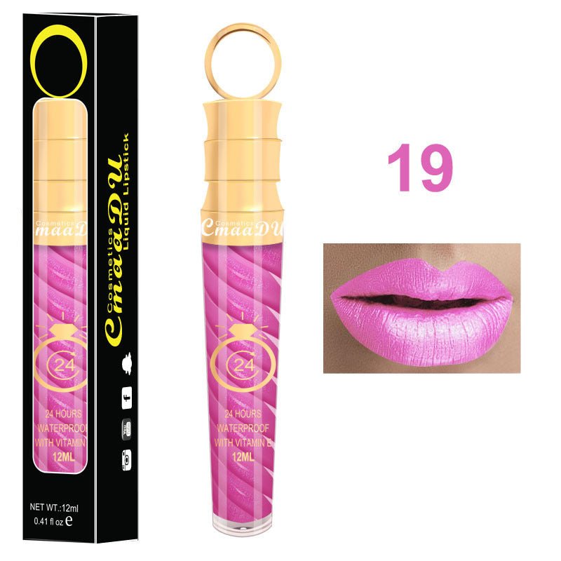 Lip gloss $14.99 Dana Fashion Color: 19 Style makeup Matte lip gloss non-stick cup does not fade 12ML large capacity lip gloss metal pearl liquid lipstick Net content: 12ML Color: 20 colors Weight: 35g / support (with carton packaging)