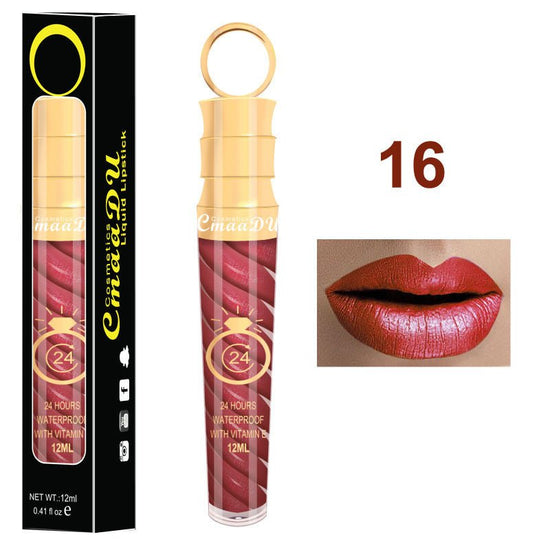 Lip gloss $14.99 Dana Fashion Color: 16 Style makeup Matte lip gloss non-stick cup does not fade 12ML large capacity lip gloss metal pearl liquid lipstick Net content: 12ML Color: 20 colors Weight: 35g / support (with carton packaging)