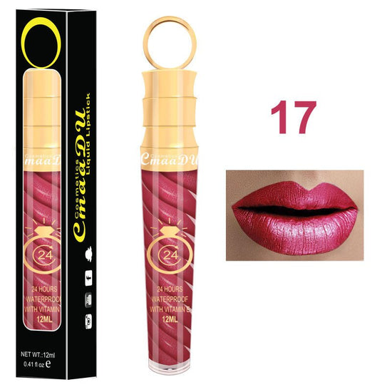 Lip gloss $14.99 Dana Fashion Color: 17 Style makeup Matte lip gloss non-stick cup does not fade 12ML large capacity lip gloss metal pearl liquid lipstick Net content: 12ML Color: 20 colors Weight: 35g / support (with carton packaging)