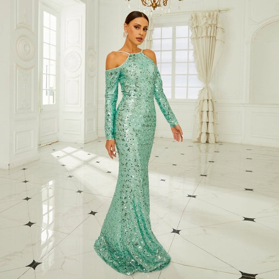 Long Sleeve Off-the-shoulder Banquet Sequined Sheath Fishtail Dress $84.99 Dana Fashion Color: Green Size: L Women's clothing Product information: Pattern: solid color Skirt type: hip skirt Color: green Waist type: high waist Size: S,M,L,XL Style type: Cl