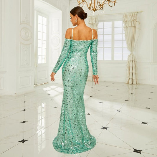 Long Sleeve Off-the-shoulder Banquet Sequined Sheath Fishtail Dress $84.99 Dana Fashion Color: Green Size: L Women's clothing Product information: Pattern: solid color Skirt type: hip skirt Color: green Waist type: high waist Size: S,M,L,XL Style type: Cl