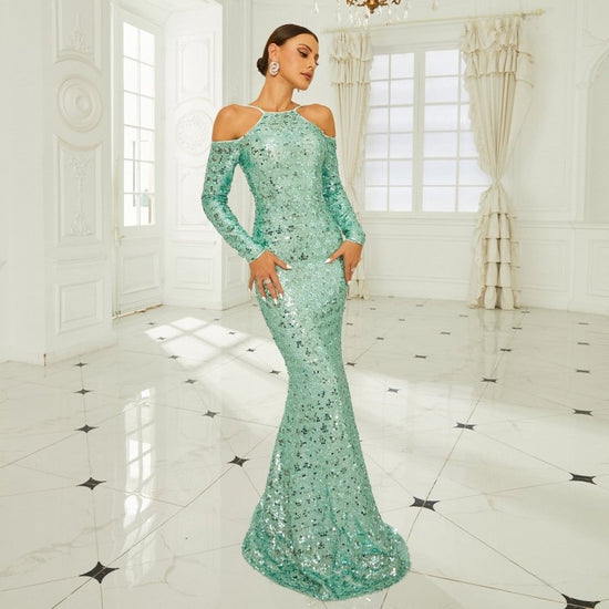 Long Sleeve Off-the-shoulder Banquet Sequined Sheath Fishtail Dress $84.99 Dana Fashion Color: Green Size: L Women's clothing Product information: Pattern: solid color Skirt type: hip skirt Color: green Waist type: high waist Size: S,M,L,XL Style type: Cl