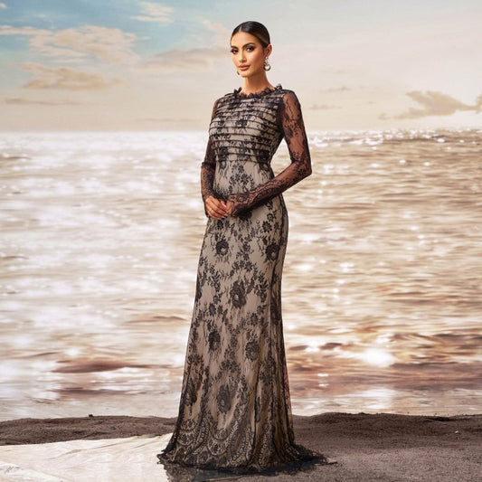 Long Sleeve Round Collar Gauze Sheath Fishtail Evening Dress $100.64 Dana Fashion Color: Black Size: L Women's clothing Product information: Pattern: solid color Skirt type: hip skirt Color: Black Waist type: high waist Size: S,M,L,XL Style type: Classic