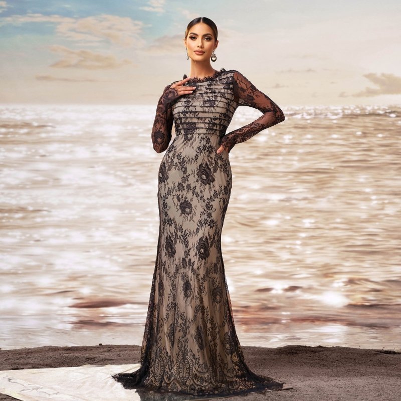 Long Sleeve Round Collar Gauze Sheath Fishtail Evening Dress $100.64 Dana Fashion Color: Black Size: L Women's clothing Product information: Pattern: solid color Skirt type: hip skirt Color: Black Waist type: high waist Size: S,M,L,XL Style type: Classic