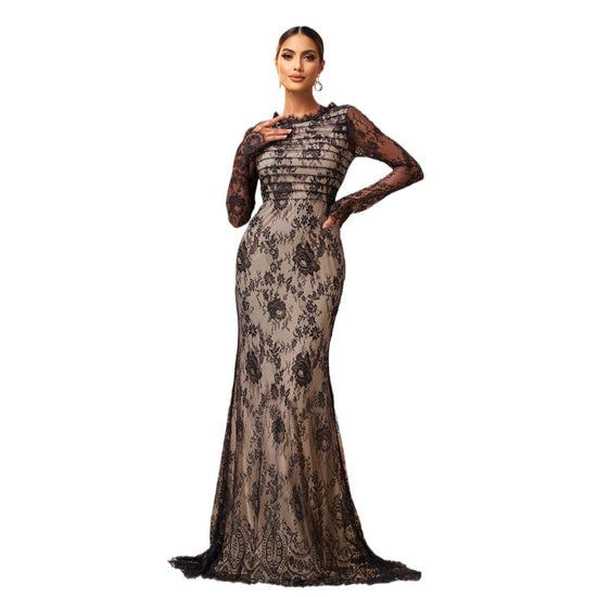 Long Sleeve Round Collar Gauze Sheath Fishtail Evening Dress $100.64 Dana Fashion Color: Black Size: L Women's clothing Product information: Pattern: solid color Skirt type: hip skirt Color: Black Waist type: high waist Size: S,M,L,XL Style type: Classic