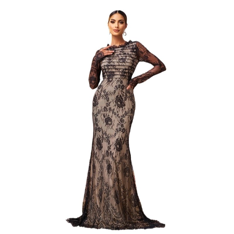 Long Sleeve Round Collar Gauze Sheath Fishtail Evening Dress $100.64 Dana Fashion Color: Black Size: L Women's clothing Product information: Pattern: solid color Skirt type: hip skirt Color: Black Waist type: high waist Size: S,M,L,XL Style type: Classic