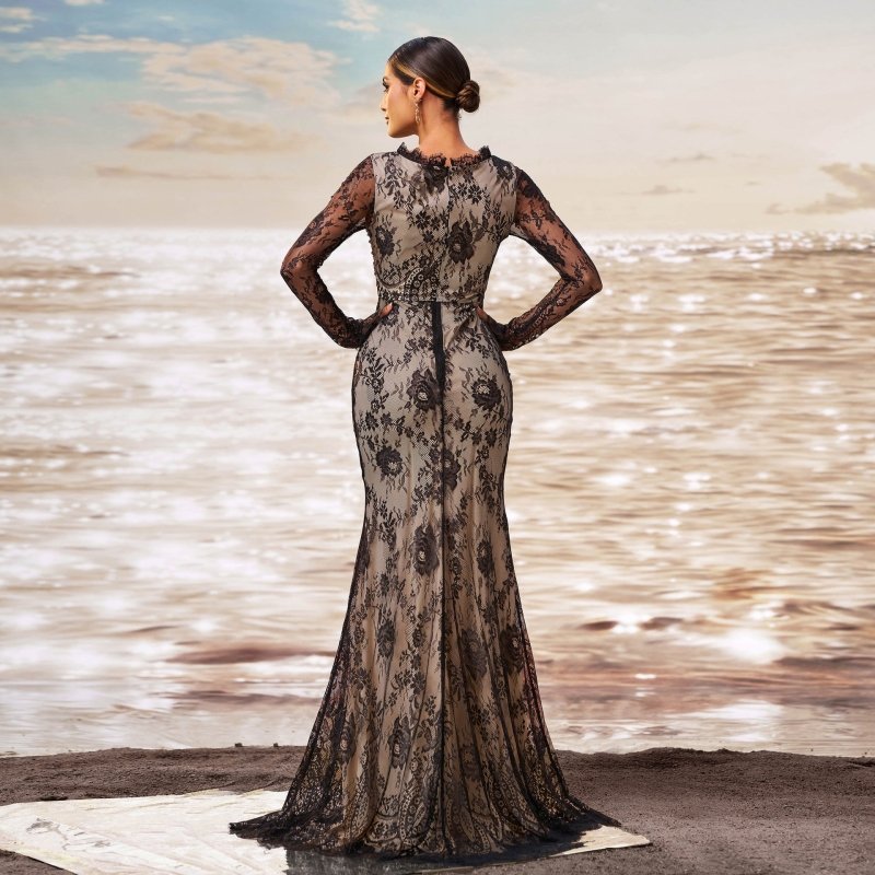 Long Sleeve Round Collar Gauze Sheath Fishtail Evening Dress $100.64 Dana Fashion Color: Black Size: L Women's clothing Product information: Pattern: solid color Skirt type: hip skirt Color: Black Waist type: high waist Size: S,M,L,XL Style type: Classic