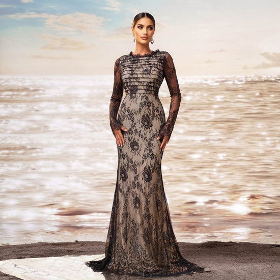 Long Sleeve Round Collar Gauze Sheath Fishtail Evening Dress $100.64 Dana Fashion Color: Black Size: L Women's clothing Product information: Pattern: solid color Skirt type: hip skirt Color: Black Waist type: high waist Size: S,M,L,XL Style type: Classic