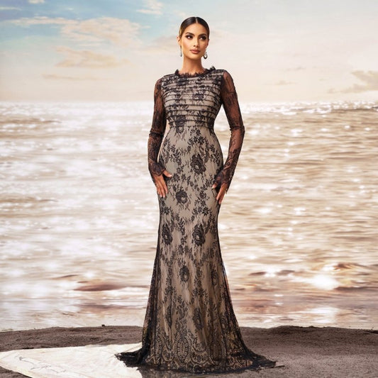 Long Sleeve Round Collar Gauze Sheath Fishtail Evening Dress $100.64 Dana Fashion Color: Black Size: L Women's clothing Product information: Pattern: solid color Skirt type: hip skirt Color: Black Waist type: high waist Size: S,M,L,XL Style type: Classic