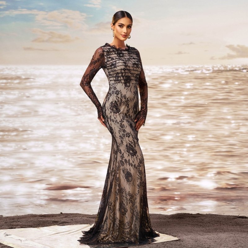 Long Sleeve Round Collar Gauze Sheath Fishtail Evening Dress $100.64 Dana Fashion Color: Black Size: L Women's clothing Product information: Pattern: solid color Skirt type: hip skirt Color: Black Waist type: high waist Size: S,M,L,XL Style type: Classic