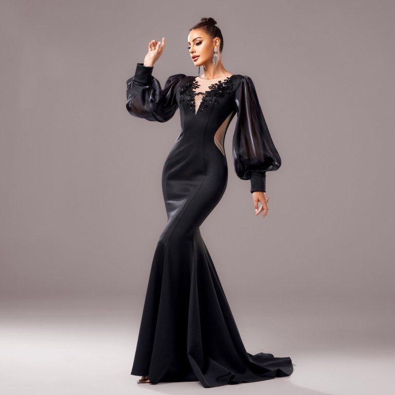 Long Sleeve Round Neck Banquet Applique Sheath Fishtail Dress $109.99 Dana Fashion Color: Black Size: L Women's clothing Product information: Pattern: solid color Skirt type: hip skirt Color: Black Waist type: high waist Size: S,M,L,XL Style type: Elegant