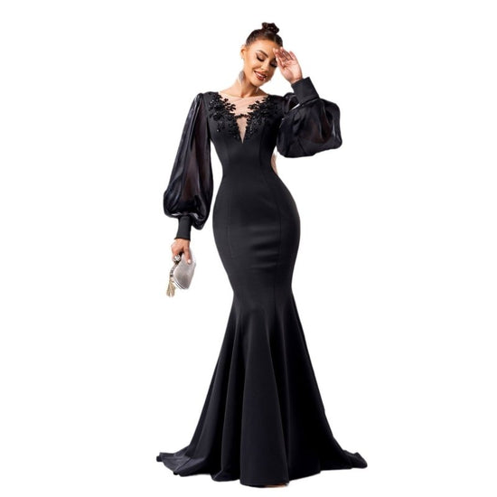 Long Sleeve Round Neck Banquet Applique Sheath Fishtail Dress $109.99 Dana Fashion Color: Black Size: L Women's clothing Product information: Pattern: solid color Skirt type: hip skirt Color: Black Waist type: high waist Size: S,M,L,XL Style type: Elegant