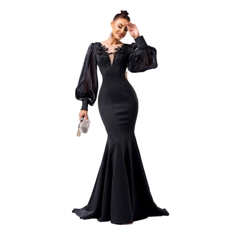 Long Sleeve Round Neck Banquet Applique Sheath Fishtail Dress $109.99 Dana Fashion Color: Black Size: L Women's clothing Product information: Pattern: solid color Skirt type: hip skirt Color: Black Waist type: high waist Size: S,M,L,XL Style type: Elegant