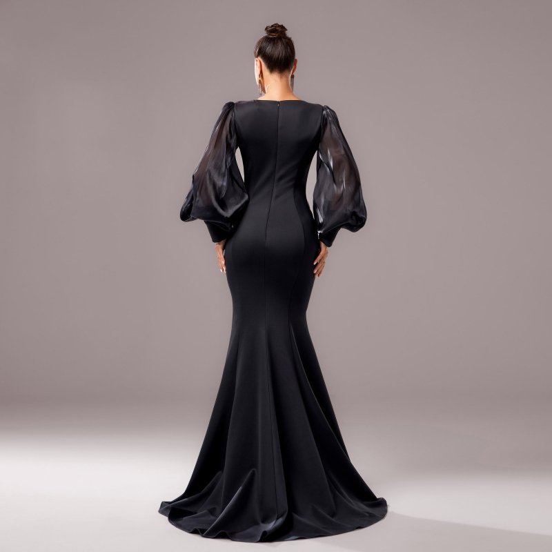 Long Sleeve Round Neck Banquet Applique Sheath Fishtail Dress $109.99 Dana Fashion Color: Black Size: L Women's clothing Product information: Pattern: solid color Skirt type: hip skirt Color: Black Waist type: high waist Size: S,M,L,XL Style type: Elegant