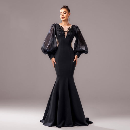 Long Sleeve Round Neck Banquet Applique Sheath Fishtail Dress $109.99 Dana Fashion Color: Black Size: L Women's clothing Product information: Pattern: solid color Skirt type: hip skirt Color: Black Waist type: high waist Size: S,M,L,XL Style type: Elegant