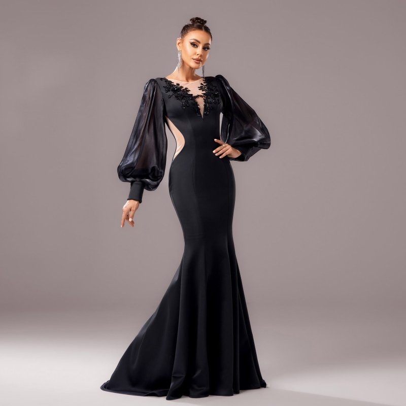 Long Sleeve Round Neck Banquet Applique Sheath Fishtail Dress $109.99 Dana Fashion Color: Black Size: L Women's clothing Product information: Pattern: solid color Skirt type: hip skirt Color: Black Waist type: high waist Size: S,M,L,XL Style type: Elegant