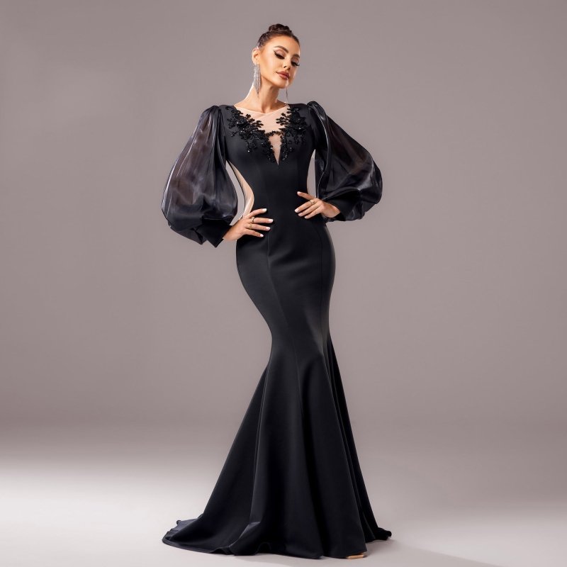 Long Sleeve Round Neck Banquet Applique Sheath Fishtail Dress $109.99 Dana Fashion Color: Black Size: L Women's clothing Product information: Pattern: solid color Skirt type: hip skirt Color: Black Waist type: high waist Size: S,M,L,XL Style type: Elegant
