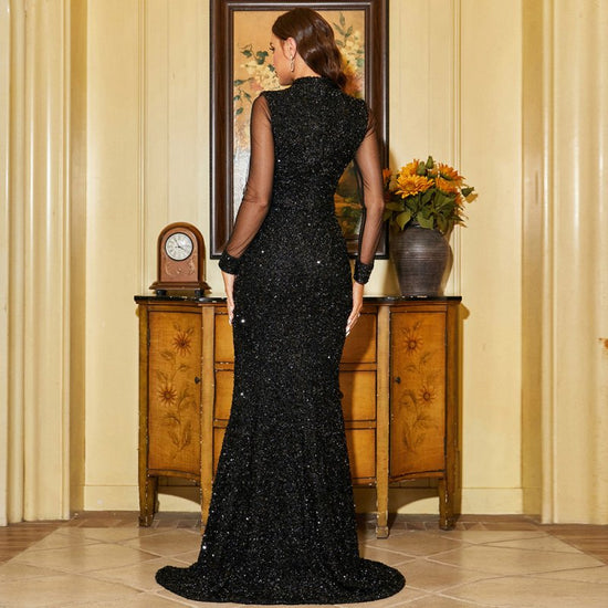 Long Sleeve Round Neck Sequins Banquet Fishtail Evening Dress $113.41 Dana Fashion Color: Black Size: L Women's clothing Product information: Pattern: solid color Skirt type: hip skirt Color: Black Waist type: high waist Size: S,M,L,XL Style type: Elegant