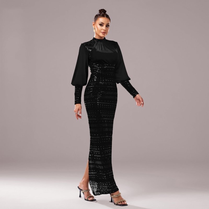 Long Sleeve Round Neck Sequins Slit Evening Dress $97.50 Dana Fashion Color: Black Gold Size: L Women's clothing Product information: Pattern: solid color Skirt type: hip skirt Color: pure black, black gold Waist type: high waist Size: S,M,L,XL,XXL,XS Sty