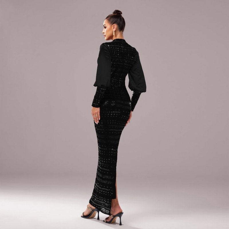 Long Sleeve Round Neck Sequins Slit Evening Dress $97.50 Dana Fashion Color: Black Gold Size: L Women's clothing Product information: Pattern: solid color Skirt type: hip skirt Color: pure black, black gold Waist type: high waist Size: S,M,L,XL,XXL,XS Sty