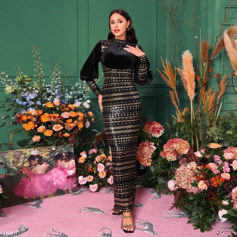 Long Sleeve Round Neck Sequins Slit Evening Dress $97.50 Dana Fashion Color: Black Gold Size: L Women's clothing Product information: Pattern: solid color Skirt type: hip skirt Color: pure black, black gold Waist type: high waist Size: S,M,L,XL,XXL,XS Sty