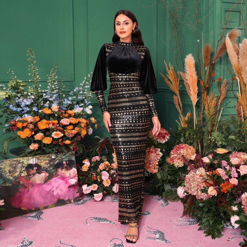 Long Sleeve Round Neck Sequins Slit Evening Dress $97.50 Dana Fashion Color: Black Gold Size: L Women's clothing Product information: Pattern: solid color Skirt type: hip skirt Color: pure black, black gold Waist type: high waist Size: S,M,L,XL,XXL,XS Sty