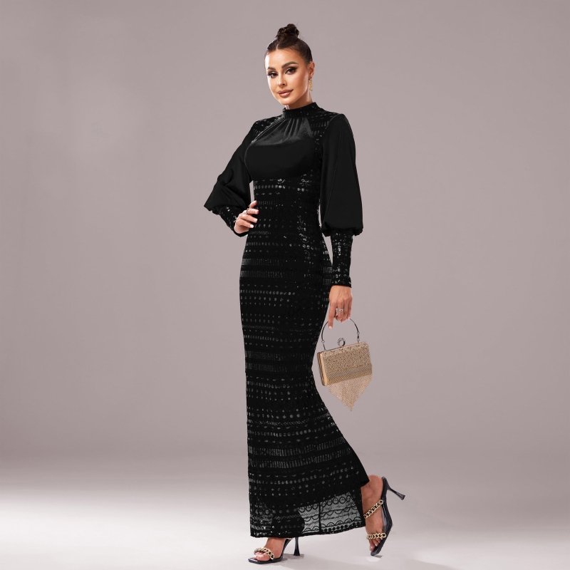 Long Sleeve Round Neck Sequins Slit Evening Dress $97.50 Dana Fashion Color: Pure Black Size: L Women's clothing Product information: Pattern: solid color Skirt type: hip skirt Color: pure black, black gold Waist type: high waist Size: S,M,L,XL,XXL,XS Sty