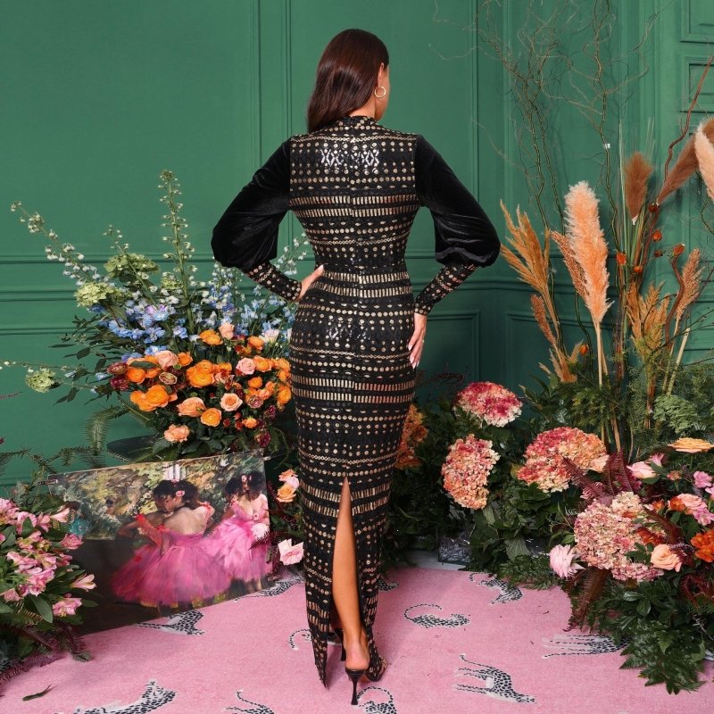 Long Sleeve Round Neck Sequins Slit Evening Dress $97.50 Dana Fashion Color: Black Gold Size: L Women's clothing Product information: Pattern: solid color Skirt type: hip skirt Color: pure black, black gold Waist type: high waist Size: S,M,L,XL,XXL,XS Sty