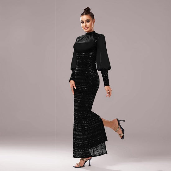 Long Sleeve Round Neck Sequins Slit Evening Dress $97.50 Dana Fashion Color: Black Gold Size: L Women's clothing Product information: Pattern: solid color Skirt type: hip skirt Color: pure black, black gold Waist type: high waist Size: S,M,L,XL,XXL,XS Sty
