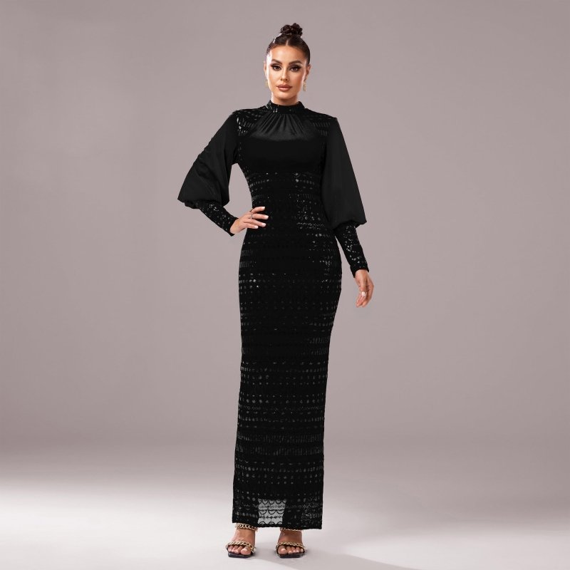 Long Sleeve Round Neck Sequins Slit Evening Dress $97.50 Dana Fashion Color: Black Gold Size: L Women's clothing Product information: Pattern: solid color Skirt type: hip skirt Color: pure black, black gold Waist type: high waist Size: S,M,L,XL,XXL,XS Sty