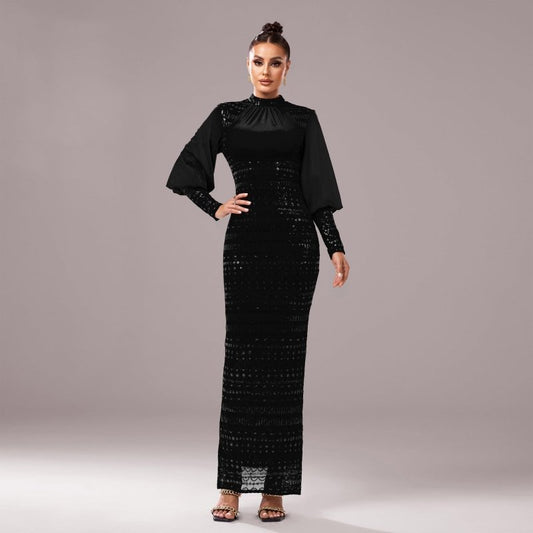 Long Sleeve Round Neck Sequins Slit Evening Dress $97.50 Dana Fashion Color: Black Gold Size: L Women's clothing Product information: Pattern: solid color Skirt type: hip skirt Color: pure black, black gold Waist type: high waist Size: S,M,L,XL,XXL,XS Sty