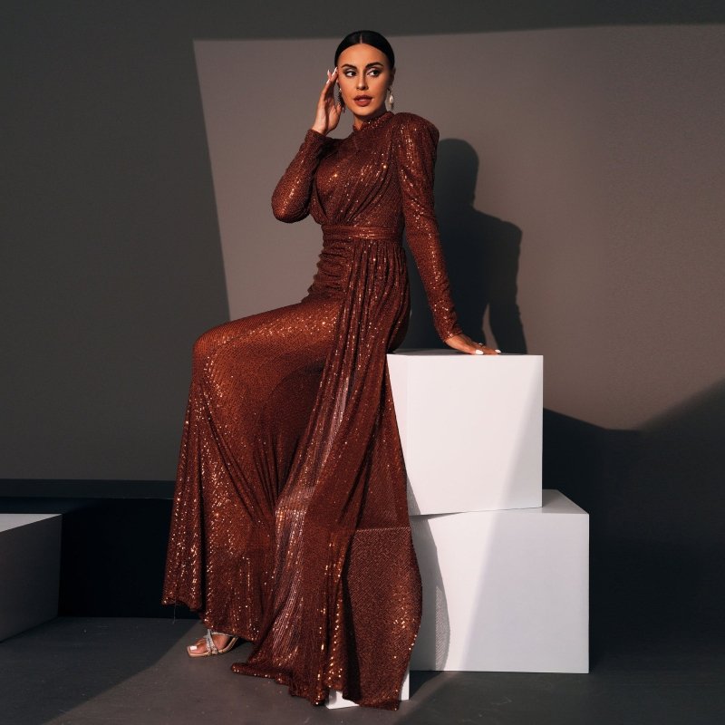 Long Sleeve Round Neck Sexy Slim Long Sequined Banquet Dress $92.00 Dana Fashion Color: Brown Size: L Women's clothing Product information: Skirt type: hip skirt Style type: temperament commute Popular elements: Sequins Style: Basic Fabric name: Polyester