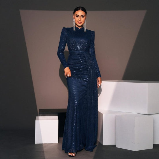 Long Sleeve Round Neck Sexy Slim Long Sequined Banquet Dress $92.00 Dana Fashion Color: Dark Blue Size: L Women's clothing Product information: Skirt type: hip skirt Style type: temperament commute Popular elements: Sequins Style: Basic Fabric name: Polye