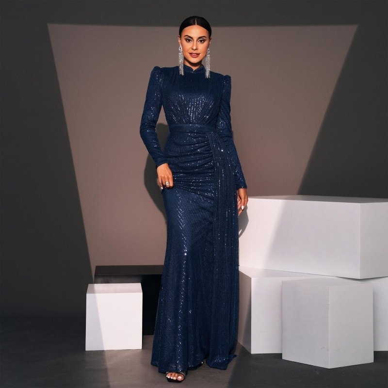 Long Sleeve Round Neck Sexy Slim Long Sequined Banquet Dress $92.00 Dana Fashion Color: Dark Blue Size: L Women's clothing Product information: Skirt type: hip skirt Style type: temperament commute Popular elements: Sequins Style: Basic Fabric name: Polye