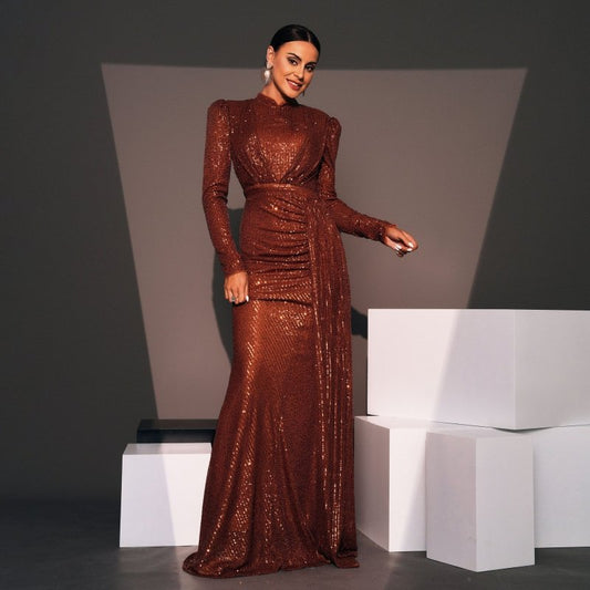 Long Sleeve Round Neck Sexy Slim Long Sequined Banquet Dress $92.00 Dana Fashion Color: Black Size: L Women's clothing Product information: Skirt type: hip skirt Style type: temperament commute Popular elements: Sequins Style: Basic Fabric name: Polyester