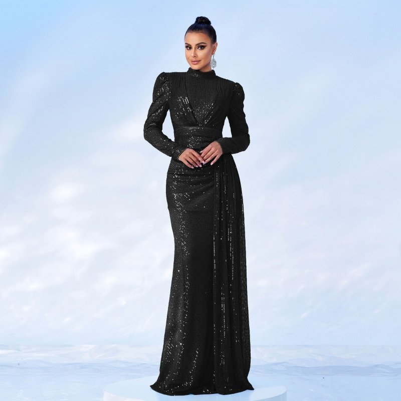 Long Sleeve Round Neck Sexy Slim Long Sequined Banquet Dress $92.00 Dana Fashion Color: Black Size: L Women's clothing Product information: Skirt type: hip skirt Style type: temperament commute Popular elements: Sequins Style: Basic Fabric name: Polyester