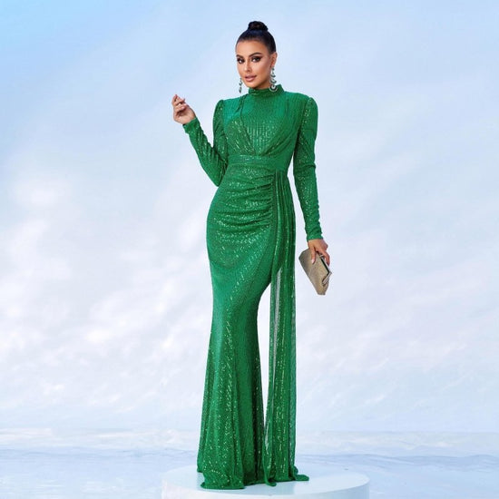 Long Sleeve Round Neck Sexy Slim Long Sequined Banquet Dress $92.00 Dana Fashion Color: Green Size: L Women's clothing Product information: Skirt type: hip skirt Style type: temperament commute Popular elements: Sequins Style: Basic Fabric name: Polyester