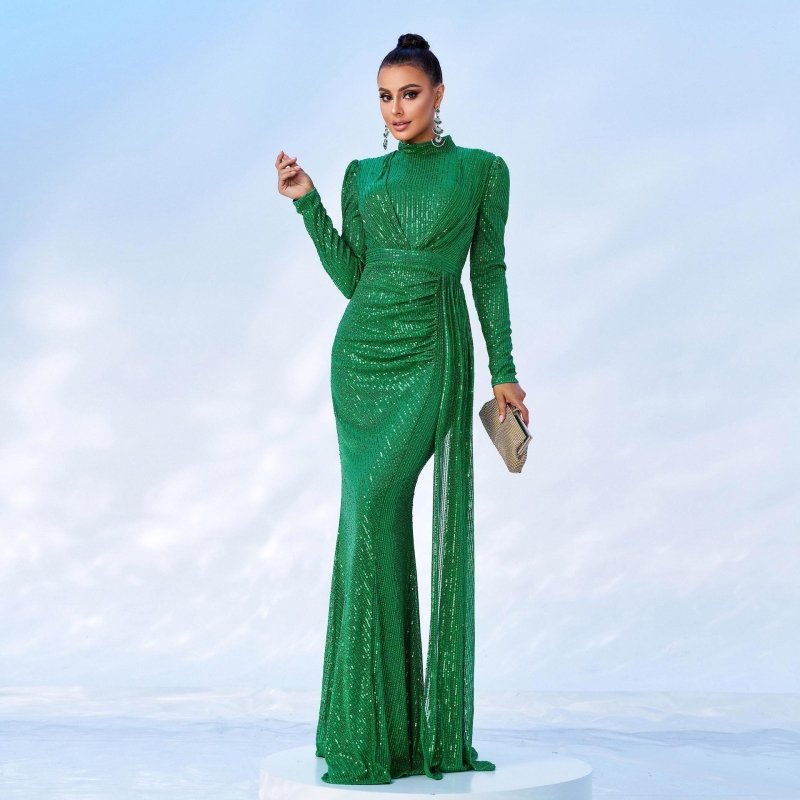 Long Sleeve Round Neck Sexy Slim Long Sequined Banquet Dress $92.00 Dana Fashion Color: Green Size: L Women's clothing Product information: Skirt type: hip skirt Style type: temperament commute Popular elements: Sequins Style: Basic Fabric name: Polyester