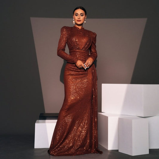 Long Sleeve Round Neck Sexy Slim Long Sequined Banquet Dress $92.00 Dana Fashion Color: Black Size: L Women's clothing Product information: Skirt type: hip skirt Style type: temperament commute Popular elements: Sequins Style: Basic Fabric name: Polyester
