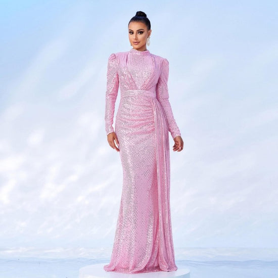 Long Sleeve Round Neck Sexy Slim Long Sequined Banquet Dress $92.00 Dana Fashion Color: Pink Size: L Women's clothing Product information: Skirt type: hip skirt Style type: temperament commute Popular elements: Sequins Style: Basic Fabric name: Polyester