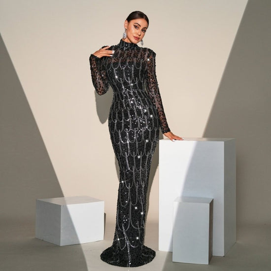 Long Sleeve Round Neck Slim-fit Sequined Banquet Evening Dress $102.99 Dana Fashion Color: Black Size: L Women's clothing معلومات المنتج: النمط: لون سادة نوع التنورة: تنورة الورك اللون: أسود المقاس: S، M، L، XL نوع الطراز: أنيق الطراز: أساسي اسم القماش: ب