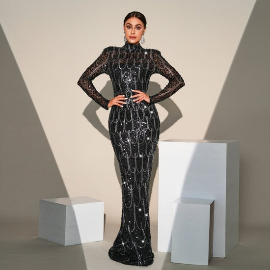 Long Sleeve Round Neck Slim-fit Sequined Banquet Evening Dress $102.99 Dana Fashion Color: Black Size: L Women's clothing معلومات المنتج: النمط: لون سادة نوع التنورة: تنورة الورك اللون: أسود المقاس: S، M، L، XL نوع الطراز: أنيق الطراز: أساسي اسم القماش: ب