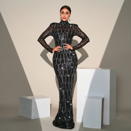 Long Sleeve Round Neck Slim-fit Sequined Banquet Evening Dress $102.99 Dana Fashion Color: Black Size: L Women's clothing معلومات المنتج: النمط: لون سادة نوع التنورة: تنورة الورك اللون: أسود المقاس: S، M، L، XL نوع الطراز: أنيق الطراز: أساسي اسم القماش: ب